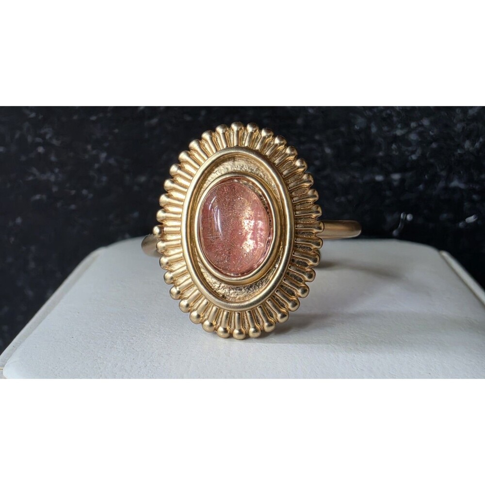 Pink Cabochon Oval Gold Tone Metal Adjustable Ring Size 9.5 Costume Jewelry